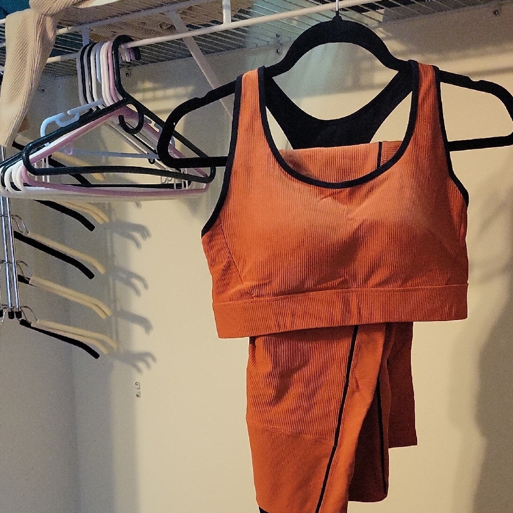 Orange Ribbed Sports Bra and Leggings Set